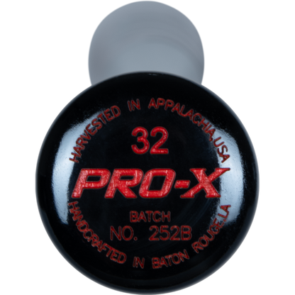 A close-up of a black Marucci TVT Trea Turner Pro Exclusive Maple Wood Bat (MVE4TVT-BK/BOR), modeled after Trea Turner's bat.