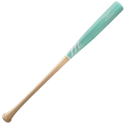 The Marucci TVT Trea Turner Pro Exclusive Maple Wood Bat (MVE4TVT-BK/BOR) features a natural wood handle, a teal barrel with white accents, and branding inspired by Trea Turner's signature design.