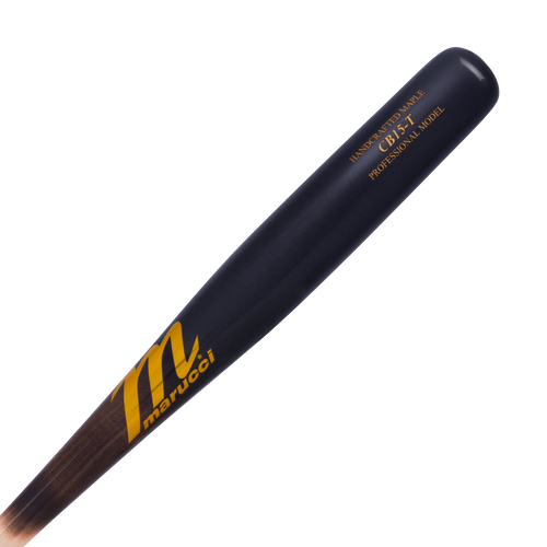 A close-up of a black Marucci CB15 Torpedo Pro Model Maple Wood Bat (MVE5CB15T) with yellow lettering, showing the Marucci logo and model details on a white background.