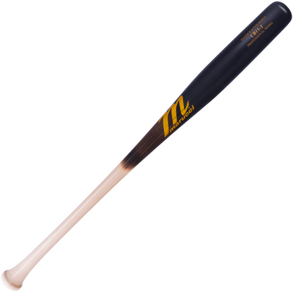 The Marucci CB15 Torpedo Pro Model Maple Wood Bat (MVE5CB15T) features a light barrel that fades into a dark, end-loaded handle, accented by a bold yellow Marucci logo and text near the top of the handle.