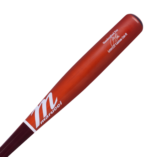 A Marucci Francisco Lindor LINDY12 Torpedo Pro Exclusive Maple Wood Bat (MVE5LIND12T) in maroon and red, featuring a white M logo and signature near the barrel, displayed against a plain white background.