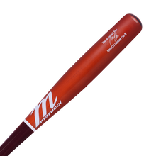 A Marucci Francisco Lindor LINDY12 Torpedo Pro Exclusive Maple Wood Bat (MVE5LIND12T) in maroon and red, featuring a white M logo and signature near the barrel, displayed against a plain white background.
