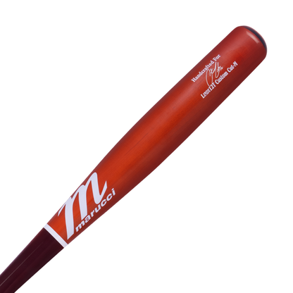 A Marucci Francisco Lindor LINDY12 Torpedo Pro Exclusive Maple Wood Bat (MVE5LIND12T) in maroon and red, featuring a white M logo and signature near the barrel, displayed against a plain white background.