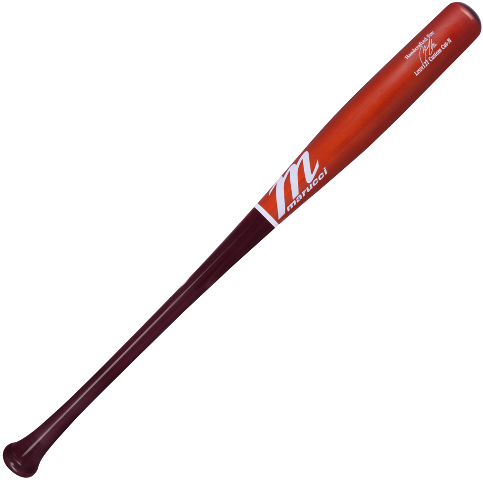 The Marucci Francisco Lindor LINDY12 Torpedo Pro Maple Wood Bat (MVE5LIND12T) features a dark brown handle, reddish-brown barrel, and white Marucci logo near the thick end.