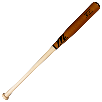 A Marucci Konnor Griffin KG01 Pro Exclusive Maple Wood Bat (MVE6KG01) featuring a natural handle and brown barrel with a pro-x finish that accentuates the maple wood’s grain, showcasing the Marucci logo and signature on the upper part.