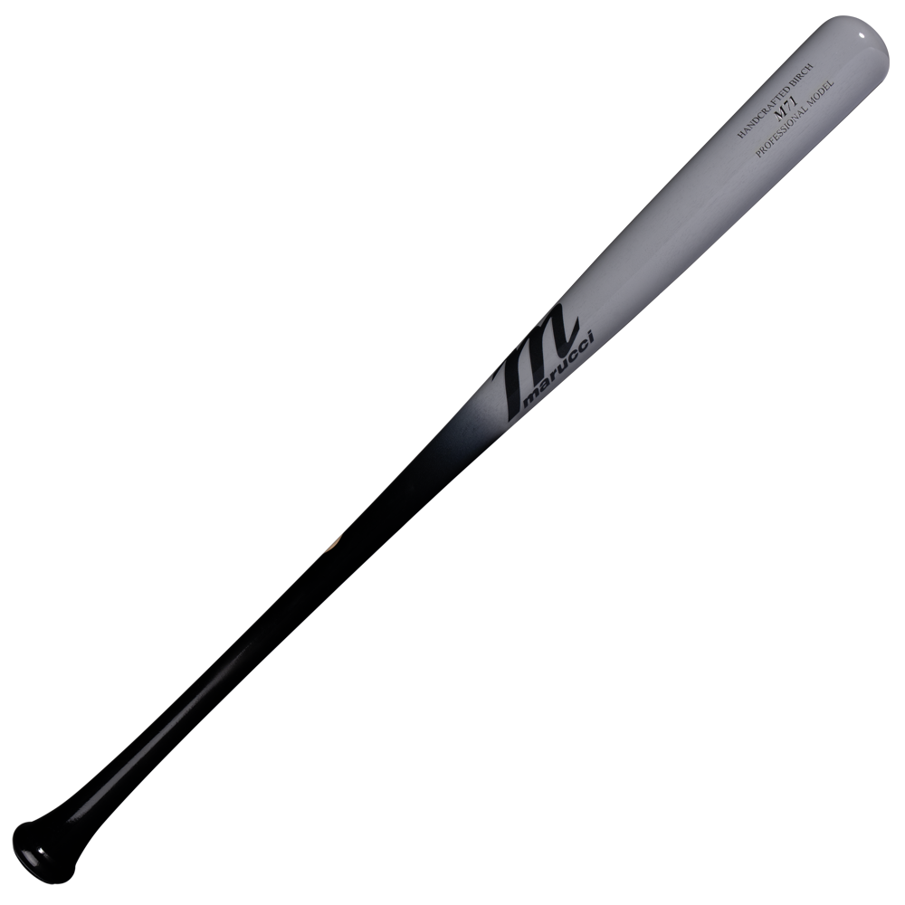 A two-tone baseball bat with a black handle and a gray barrel, the Marucci M71 Pro Model Birch Wood Bat: MVE6M71 by Marucci is a balanced wood bat featuring the Marucci logo and engraved text near the end of the barrel, displayed on a white background.