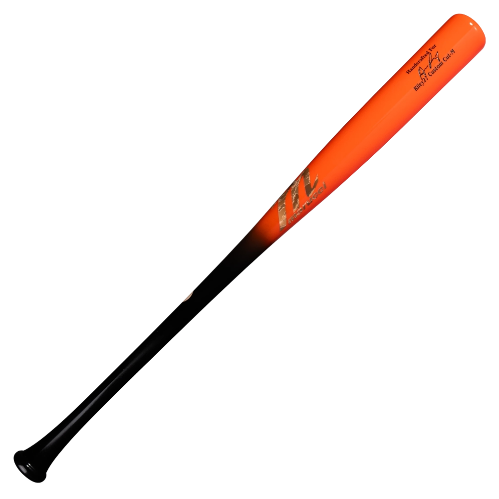 A Marucci Austin Riley AR27 Pro Exclusive Maple Wood Bat (MVE6RLY27), featuring an orange and black end-loaded design with a PRO-X finish, signature, and text near the barrel, is isolated on a white background.