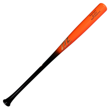 A Marucci Austin Riley AR27 Pro Exclusive Maple Wood Bat (MVE6RLY27), featuring an orange and black end-loaded design with a PRO-X finish, signature, and text near the barrel, is isolated on a white background.
