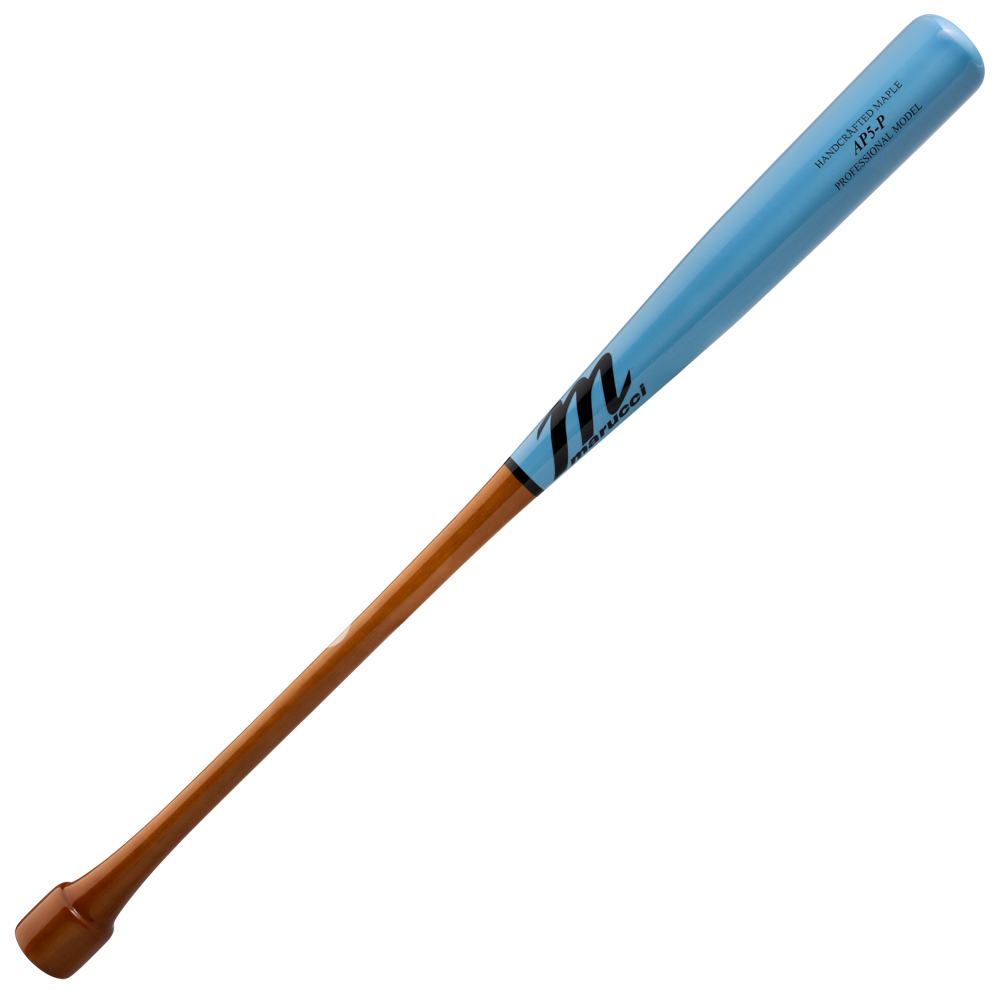 A Marucci AP5 Pro Model Puck Knob Maple Wood Bat (MVEPUCKAP5) with a brown handle and light blue barrel features black text and a logo near the color transition.