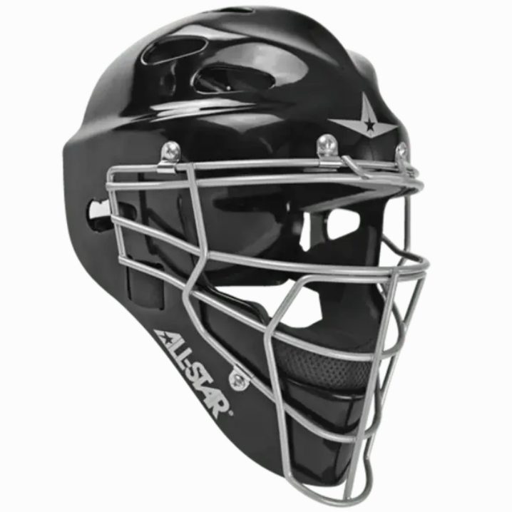 The All Star Top Star Hockey Style Catcher’s Helmet: MVP-3 features a black helmet shell with a silver metal face guard, ventilation holes, padded interior, and prominent All Star branding on the side. Inspired by traditional hockey headgear and part of the Top Star Series, this helmet is designed for baseball or softball catchers and offers enhanced durability and comfort behind the plate for superior head and face protection.