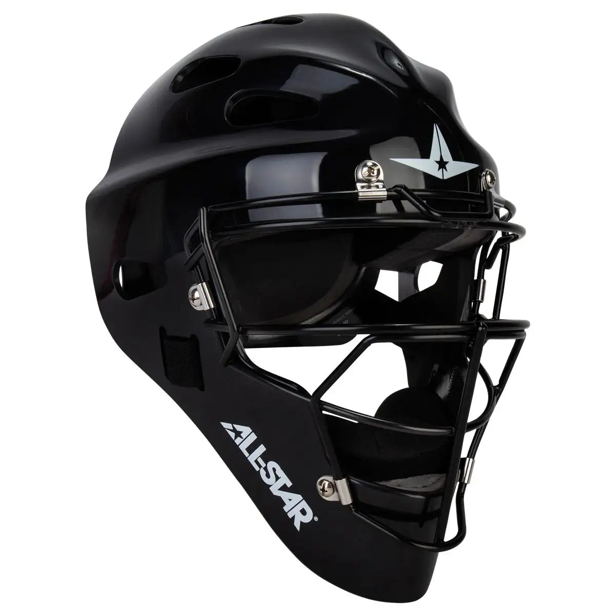 The All Star Future Star Hockey Style Catcher’s Helmet: MVP-FS-XSM-BK is a black youth baseball helmet featuring a metal face guard, ventilation holes, and All Star branding on the side. It offers an adjustable design to ensure a secure and comfortable fit.