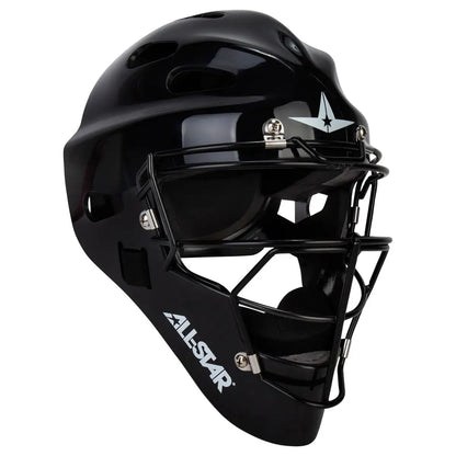 The All Star Future Star Hockey Style Catcher’s Helmet: MVP-FS-XSM-BK is a black youth baseball helmet featuring a metal face guard, ventilation holes, and All Star branding on the side. It offers an adjustable design to ensure a secure and comfortable fit.