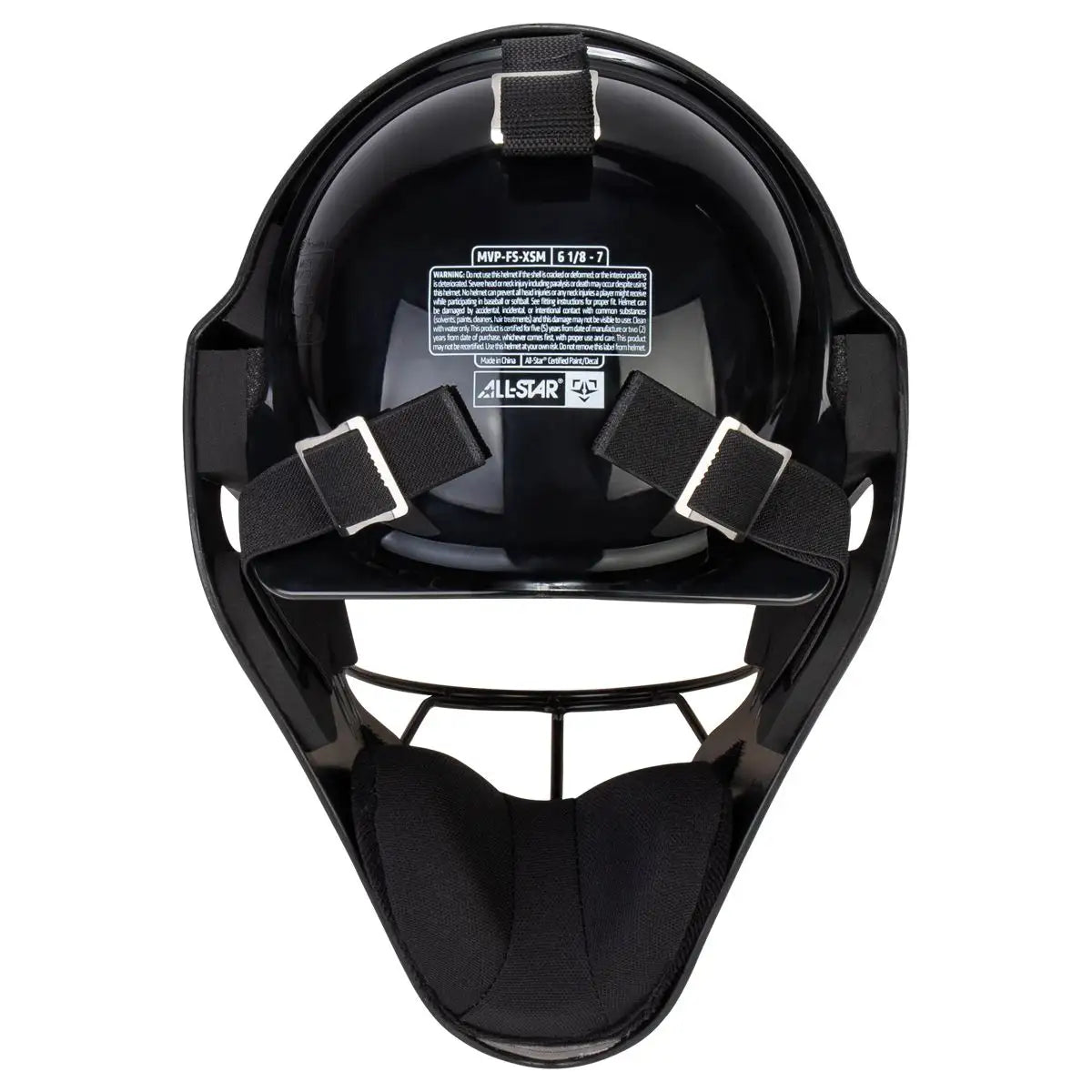 The All Star Future Star Hockey Style Catcher’s Helmet (MVP-FS-XSM-BK) by All Star is shown from the front, highlighting its padded interior, chin protection, adjustable straps, and a visible inner label. This black helmet features a hockey-style design and focuses on the internal structure and comfort padding.