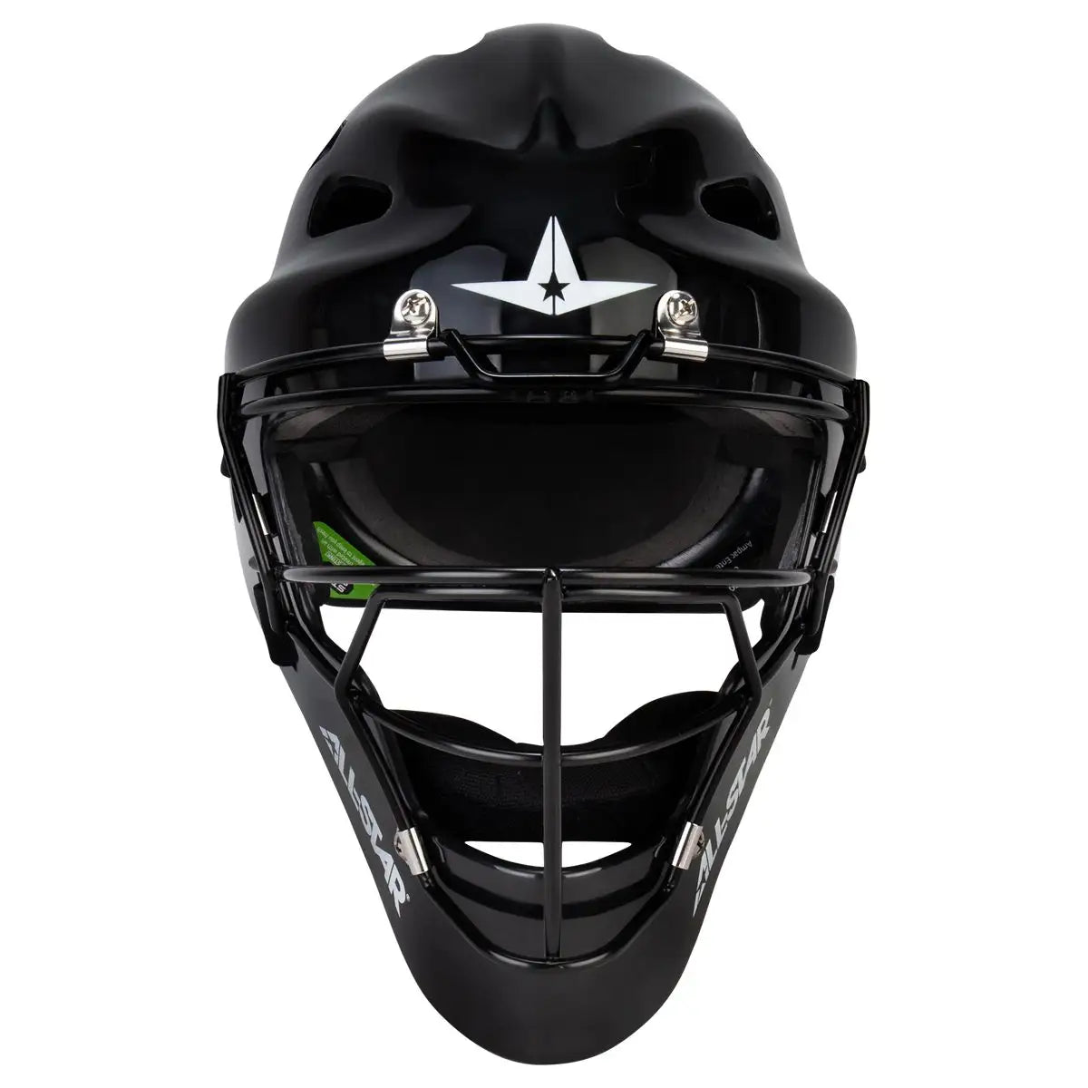 An All Star Future Star Hockey Style Catcher’s Helmet (model MVP-FS-XSM-BK) is displayed from the front, featuring a black finish with a silver star design on the forehead and a metal face guard. This adjustable youth helmet provides added protection with its hockey-style headgear, and the All Star brand name is visible on each side of the guard.