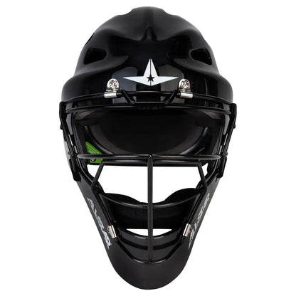 An All Star Future Star Hockey Style Catcher’s Helmet (model MVP-FS-XSM-BK) is displayed from the front, featuring a black finish with a silver star design on the forehead and a metal face guard. This adjustable youth helmet provides added protection with its hockey-style headgear, and the All Star brand name is visible on each side of the guard.