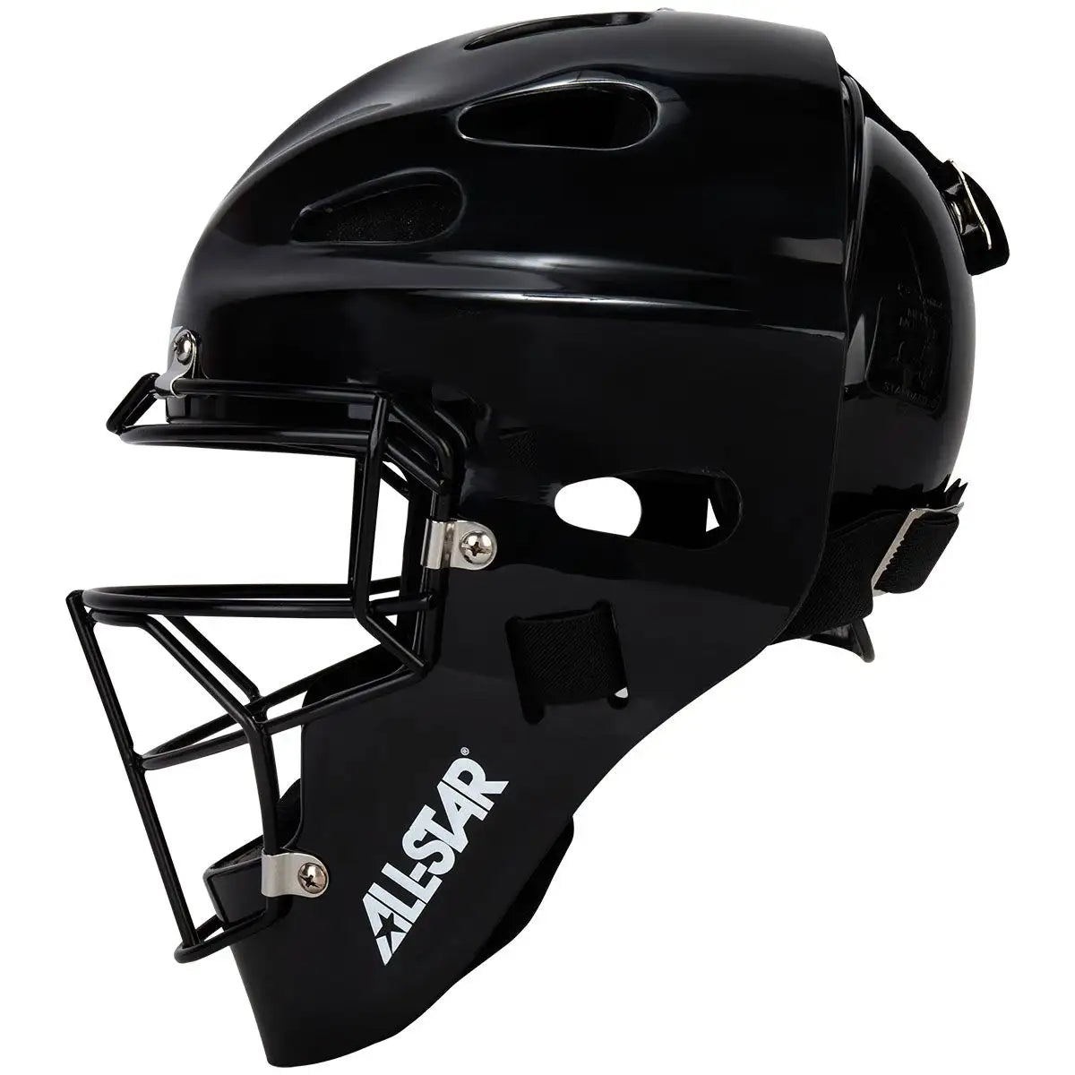 An All Star Future Star Hockey Style Catcher’s Helmet (MVP-FS-XSM-BK) in black, featuring a metal face guard, side ventilation holes, and adjustable chin and head straps from the All Star brand, shown in a side profile view.