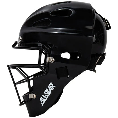 An All Star Future Star Hockey Style Catcher’s Helmet (MVP-FS-XSM-BK) in black, featuring a metal face guard, side ventilation holes, and adjustable chin and head straps from the All Star brand, shown in a side profile view.
