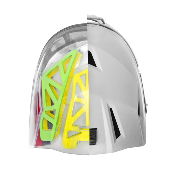 The All Star PHX Paige Halstead MVP Pro Hockey Style Catcher's Helmet (MVP5-PHX) is split vertically, displaying the sleek exterior on the right and its yellow-green padded interior on the left, set against a white background.