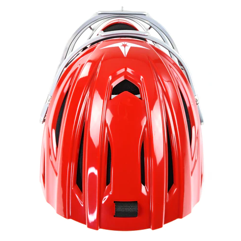 A bright red sports helmet with multiple ventilation slits and a metal face guard, viewed from the front.