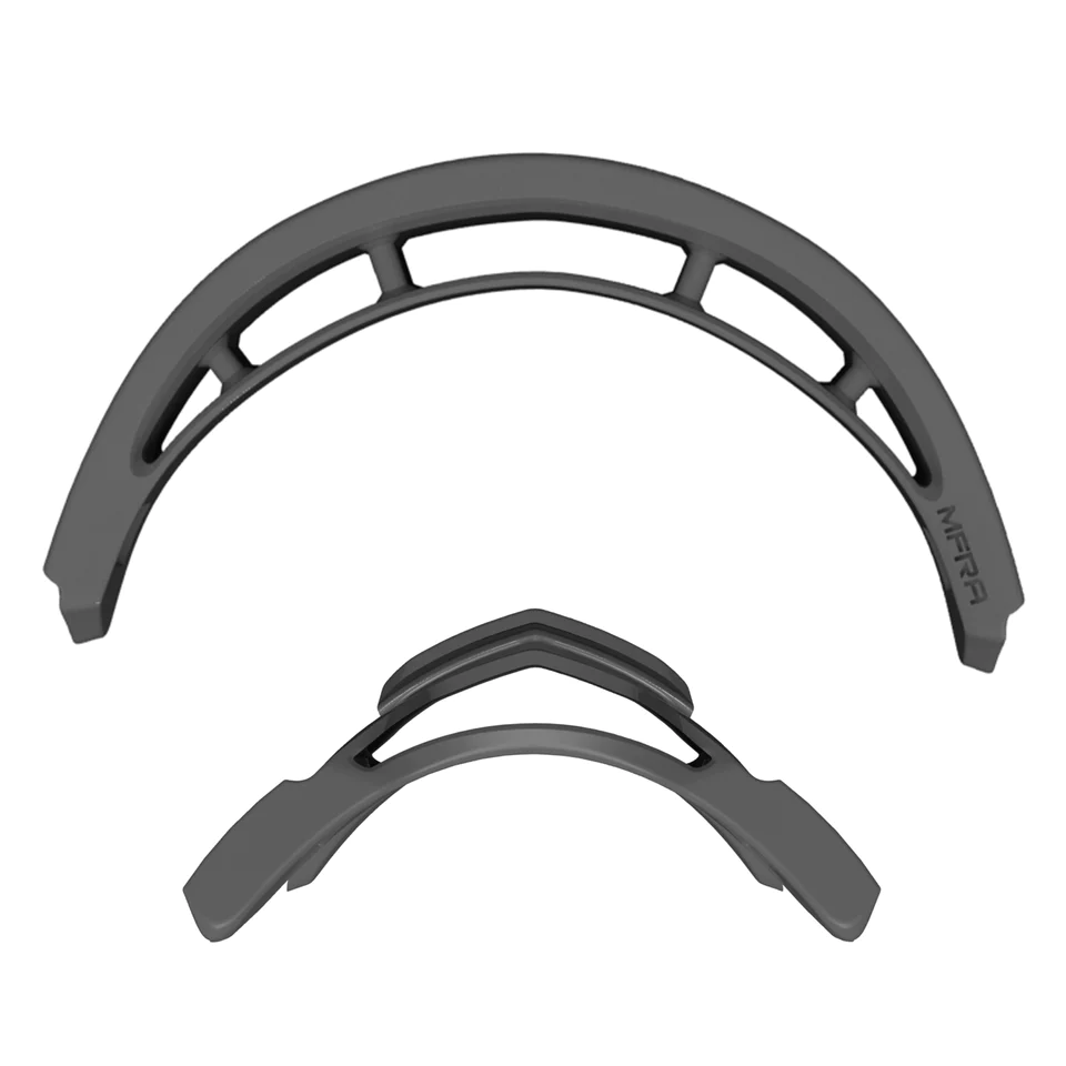 Two curved, dark gray plastic pieces with cut-out sections, one larger and one smaller, displayed against a white background. The larger piece has the word NFPA embossed on its side.