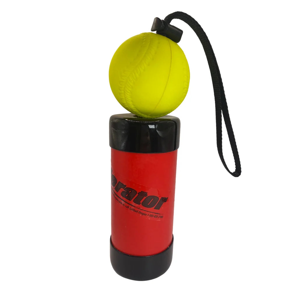 A yellow softball attached by a cord to a red cylindrical Markwort Xelerator Fastpitch Pitching Trainer: MWXELERFP designed for practicing wrist snap.