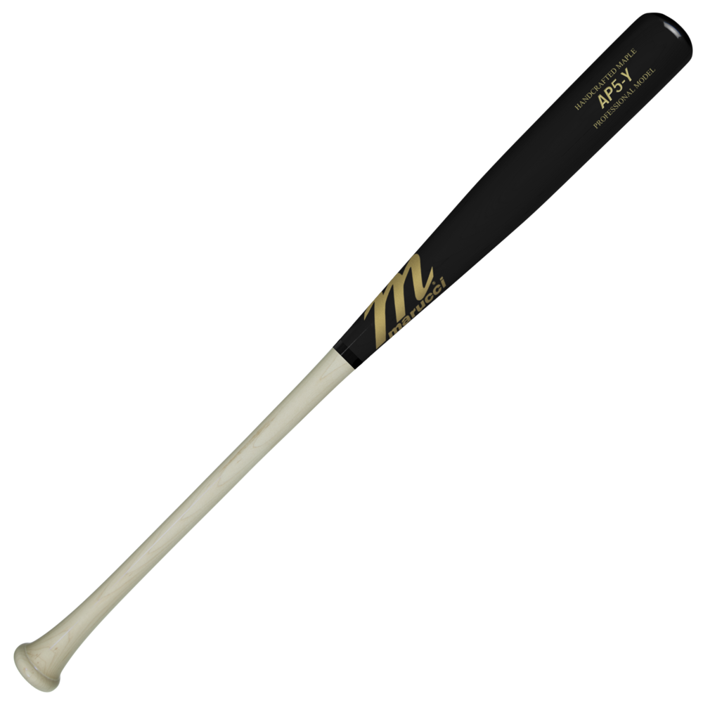 The Marucci AP5 Youth Pro Model Maple Wood Bat (MYVE3AP5) features a light natural maple handle, black barrel, gold script, and a stylized M logo near the handle—ideal for young power hitters wanting performance and style.
