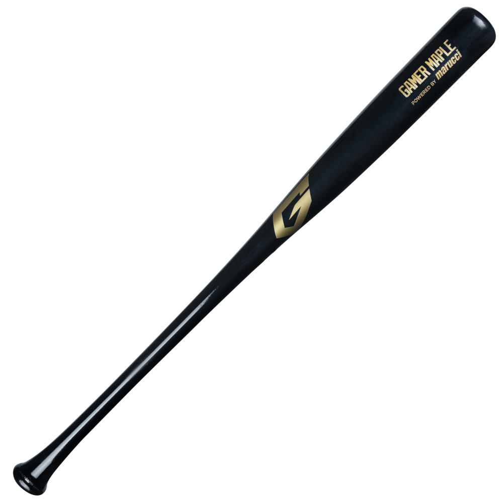 A handcrafted Marucci Gamer Maple Wood Bat (MVEGMR) in black maple, featuring gold “GAMER MAPLE” lettering, a gold Marucci logo near the barrel, and “Powered by Marucci” inscription.