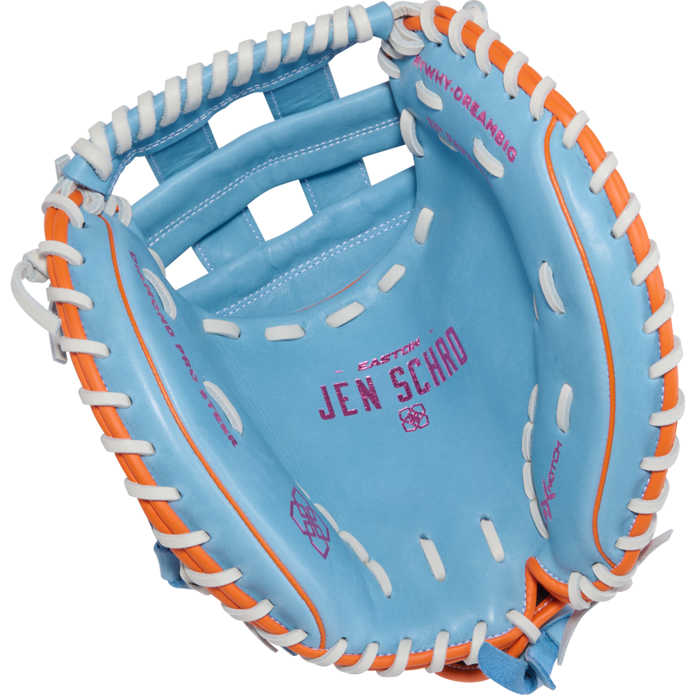 The Easton Jen Schro MYWHY 33" Fastpitch Catcher's Mitt (MYWHY-DREAMBIG) is a light blue catcher's mitt with white and orange laces, and "EASTON JEN SCHRO" printed in pink on the palm.