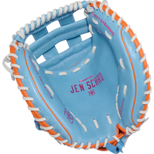 The Easton Jen Schro MYWHY 33" Fastpitch Catcher's Mitt (MYWHY-DREAMBIG) is a light blue catcher's mitt with white and orange laces, and "EASTON JEN SCHRO" printed in pink on the palm.