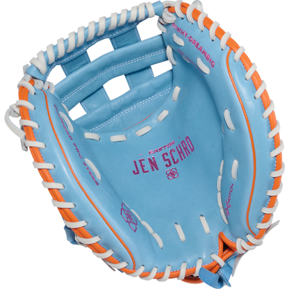 The Easton Jen Schro MYWHY 33" Fastpitch Catcher's Mitt (MYWHY-DREAMBIG) is a light blue catcher's mitt with white and orange laces, and "EASTON JEN SCHRO" printed in pink on the palm.