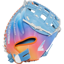 The Easton Jen Schro MYWHY 33" Fastpitch Catcher's Mitt features a vibrant blue, purple, pink, and orange gradient with white laces and blue accents. Crafted from premium Diamond Pro steerhide with "EASTON" and "Field of Dreams" script.