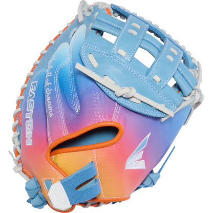 The Easton Jen Schro MYWHY 33" Fastpitch Catcher's Mitt features a vibrant blue, purple, pink, and orange gradient with white laces and blue accents. Crafted from premium Diamond Pro steerhide with "EASTON" and "Field of Dreams" script.