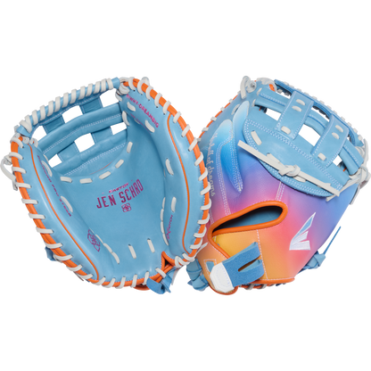 The Easton Jen Schro MYWHY 33" Fastpitch Catcher's Mitt sports a pastel blue, orange, and white palette. One side displays the Jen Schroeder branding on the palm, while the back fades from purple to orange with white laces and Diamond Pro steerhide logo.
