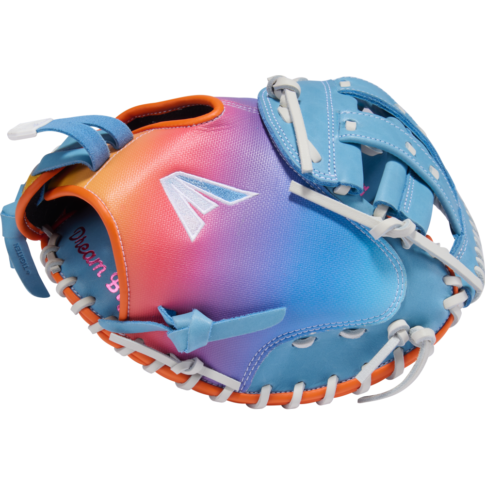 The Easton Jen Schro MYWHY 33" Fastpitch Catcher's Mitt (MYWHY-DREAMBIG) features a pink, purple, blue, and orange gradient, white laces, an embroidered logo, Diamond Pro steerhide build, and "Dream Big" stitched in pink inside.