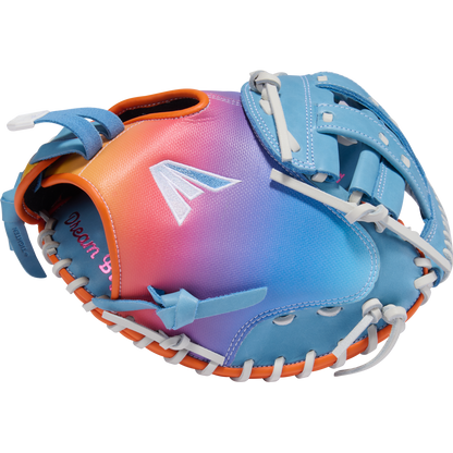 The Easton Jen Schro MYWHY 33" Fastpitch Catcher's Mitt (MYWHY-DREAMBIG) features a pink, purple, blue, and orange gradient, white laces, an embroidered logo, Diamond Pro steerhide build, and "Dream Big" stitched in pink inside.