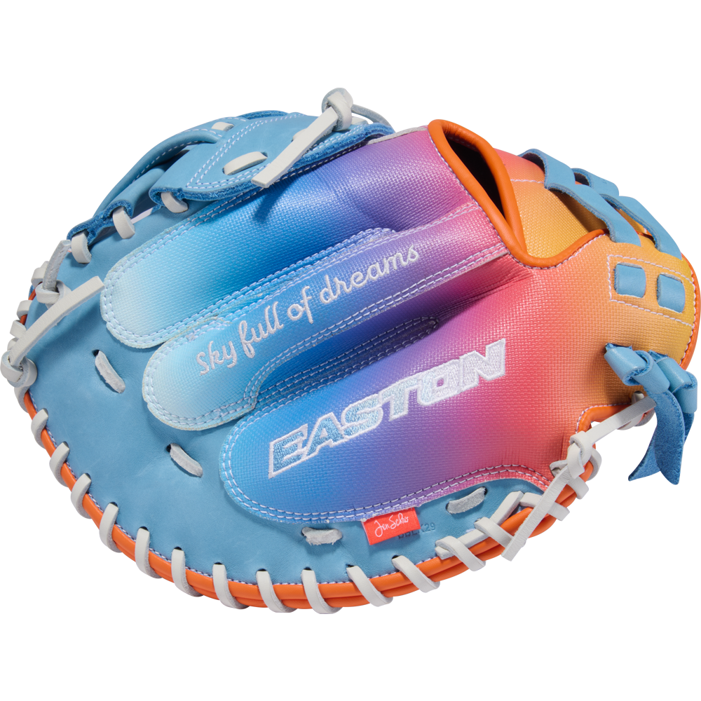 The Easton Jen Schro MYWHY 33" Fastpitch Catcher's Mitt features a vibrant blue, purple, pink, and orange gradient, white lacing, plus "sky full of dreams" and EASTON printed on this premium catcher's mitt.