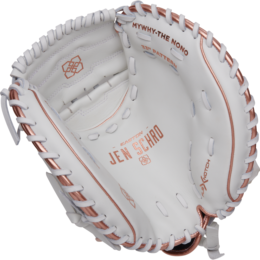 The Easton Jen Schro MYWHY 33" Fastpitch Catcher's Mitt: MYWHY-THENONO features white and rose gold Diamond Pro steerhide, detailed stitching, “MYWHY-THE NONO” and “JEN SCHRO” inside, plus brand logos on the palm and fingers.