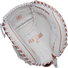 The Easton Jen Schro MYWHY 33" Fastpitch Catcher's Mitt: MYWHY-THENONO features white and rose gold Diamond Pro steerhide, detailed stitching, “MYWHY-THE NONO” and “JEN SCHRO” inside, plus brand logos on the palm and fingers.