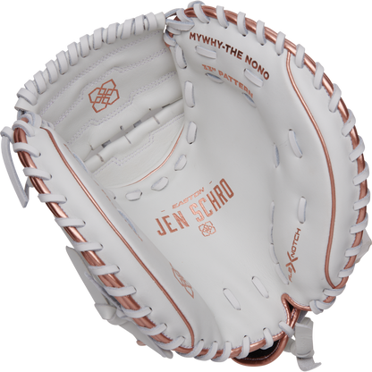 The Easton Jen Schro MYWHY 33" Fastpitch Catcher's Mitt: MYWHY-THENONO features white and rose gold Diamond Pro steerhide, detailed stitching, “MYWHY-THE NONO” and “JEN SCHRO” inside, plus brand logos on the palm and fingers.