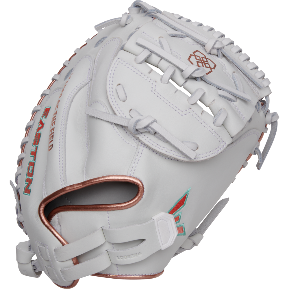 The Easton Jen Schro MYWHY 33" Fastpitch Catcher's Mitt (MYWHY-THENONO) features white Diamond Pro steerhide leather, silver and rose gold accents, detailed stitching, red “EASTON” on the thumb, visible laces, and a stylish design.