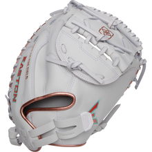 The Easton Jen Schro MYWHY 33" Fastpitch Catcher's Mitt (MYWHY-THENONO) features white Diamond Pro steerhide leather, silver and rose gold accents, detailed stitching, red “EASTON” on the thumb, visible laces, and a stylish design.
