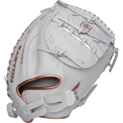 The Easton Jen Schro MYWHY 33" Fastpitch Catcher's Mitt (MYWHY-THENONO) features white Diamond Pro steerhide leather, silver and rose gold accents, detailed stitching, red “EASTON” on the thumb, visible laces, and a stylish design.