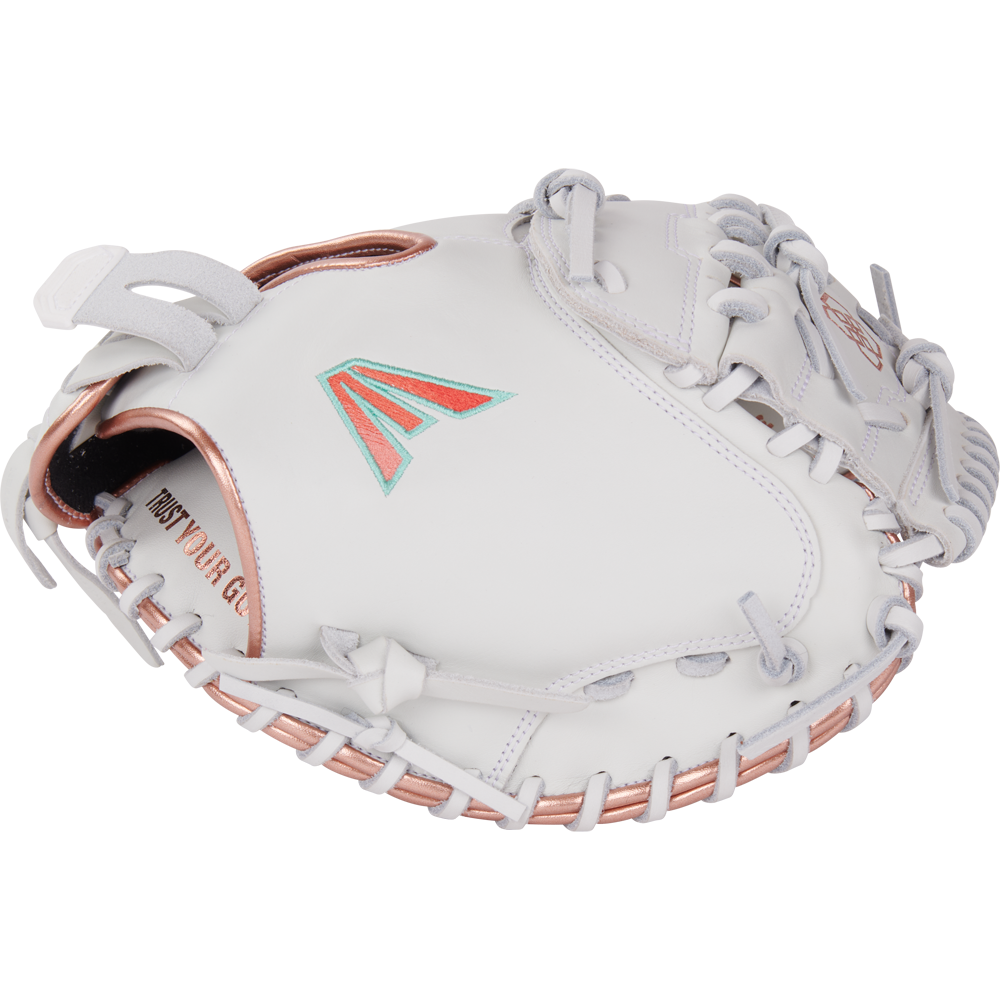 The Easton Jen Schro MYWHY 33" Fastpitch Catcher's Mitt features white Diamond Pro steerhide leather, light pink laces, blue and pink logo accents, and "TRUST YOUR GAME," combining durability and stylish details for catchers.