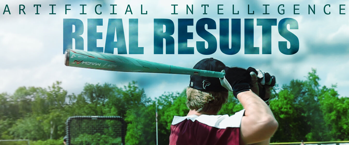 A baseball player prepares to swing a bat with the text “ARTIFICIAL INTELLIGENCE REAL RESULTS” above him, set against a backdrop of green trees and a partly cloudy sky.