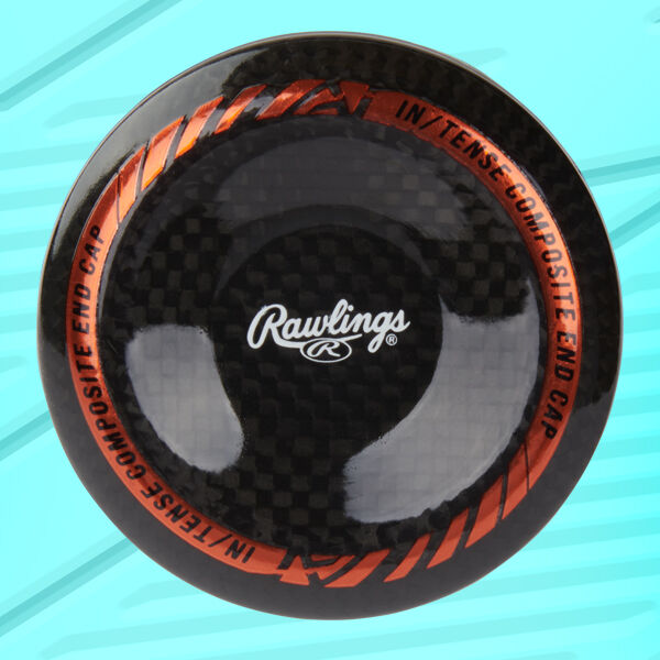 A close-up of a Rawlings composite end cap for a baseball bat, featuring a carbon fiber pattern and red text reading IN/TENSE COMPOSITE END CAP against a blue background.