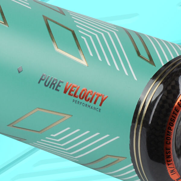 A close-up of a turquoise sports bottle with gold geometric patterns and the text PURE VELOCITY PERFORMANCE in metallic red and black on its side. The bottle has a black cap and is set against a light blue background.