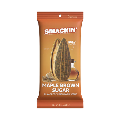 A 1.5oz bag of Smackin' Sunflower Seeds - Maple Brown Sugar flavor features bold orange packaging with a sunflower seed, brown sugar cubes, and syrup jar illustration. Text: “Bold Flavor” and “Net Wt. 1.5 oz (42.5g).”.