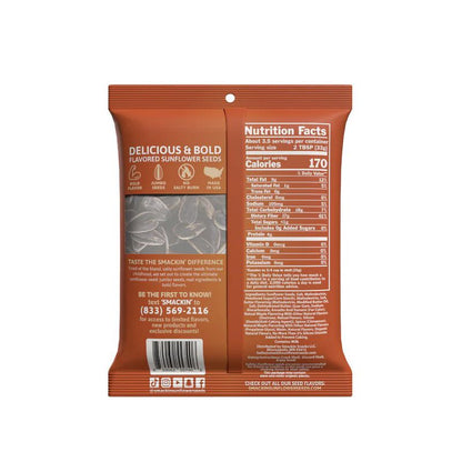 The back of a Smackin' Sunflower Seeds - 4oz package by Smackin' Sunflower Seeds features nutrition facts, contact info, and product details on an orange background with seed images and bold white text.