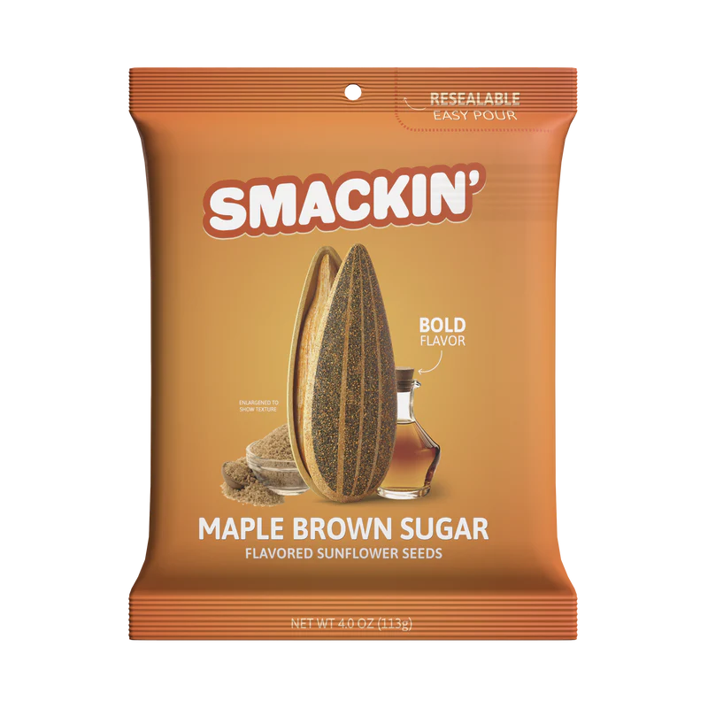 Smackin' Sunflower Seeds - 4oz by Smackin' Sunflower Seeds features jumbo seeds with maple brown sugar flavor in orange “Bold Flavor” packaging, highlighting “Resealable Easy Pour.” Deliciously flavored for snack lovers.