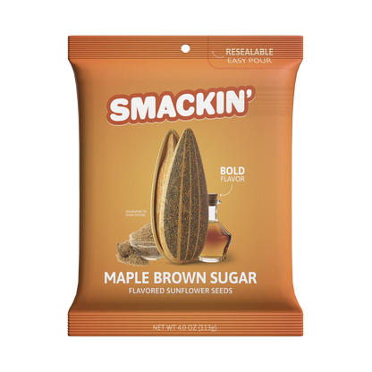 Smackin' Sunflower Seeds - 4oz by Smackin' Sunflower Seeds features jumbo seeds with maple brown sugar flavor in orange “Bold Flavor” packaging, highlighting “Resealable Easy Pour.” Deliciously flavored for snack lovers.